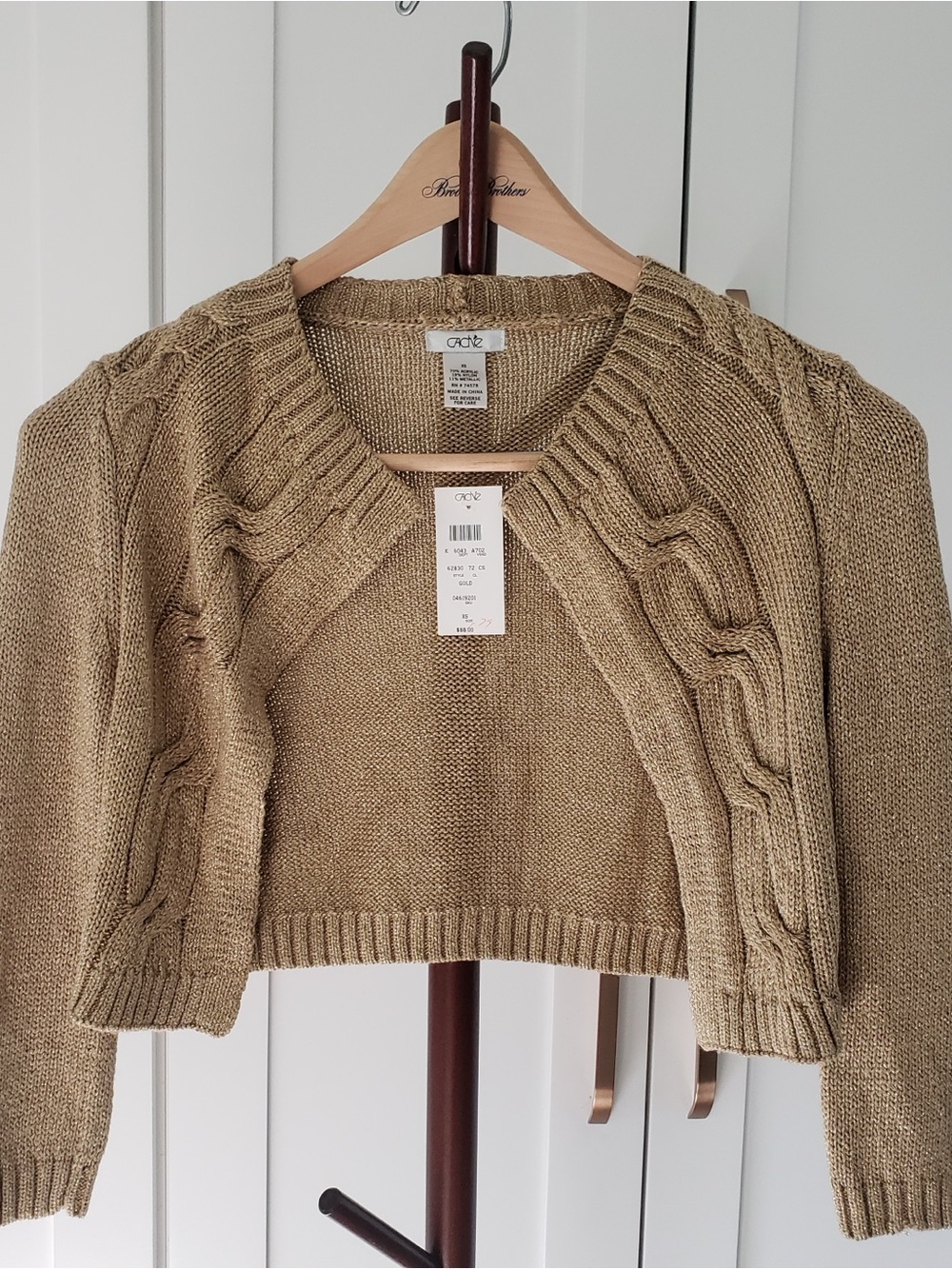 Cache Tan Cropped Cable Knit Sweater